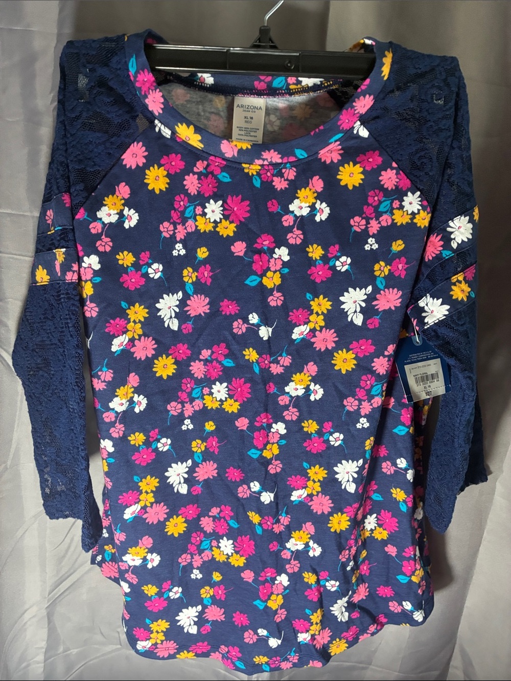 Arizona Multi Color Floral Pattern /Navy Blue Base 3/4 Sleeve Girls size XL(16)